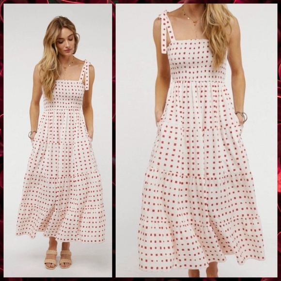 Lux Brand Lined Maxi Dress Smocked, Ruffled Tiers, Wide Shoulder Ties & Pockets - Picture 6 of 14